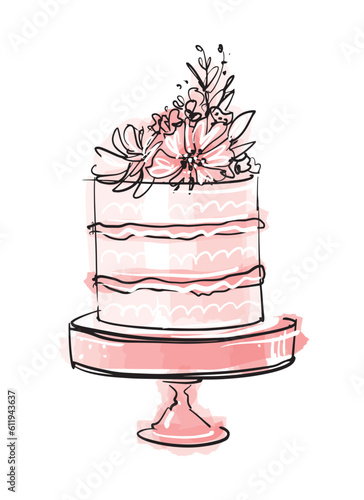 Birthday cake decorated with cream and flowers on a stand, pink wedding dessert, modern pastry shop. Hand drawn vector, vintage sketch.