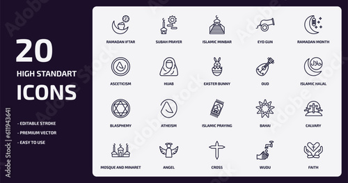 religion outline icons set. religion thin line icons pack such as ramadan iftar, eyd gun, hijab, blasphemy, angel, cross, wudu, faith vector.