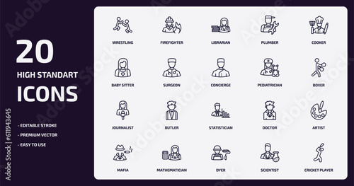 professions outline icons set. professions thin line icons pack such as wrestling, plumber, surgeon, journalist, mathematician, dyer, scientist, cricket player vector.