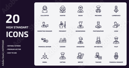 professions outline icons set. professions thin line icons pack such as callcenter, mechanic, president, financial advisor, captain, writer, teacher, financial manager vector.