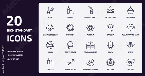 religion outline icons set. religion thin line icons pack such as assr, inclined fish, buddhism, kaaba, ruku posture, ramadan crescent moon, anglican, fasting vector.