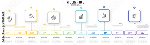 Rectangular timeline 12 months infographic template or element with 6 step, process, option, colorful rectangle, label, paper origami, square, bar, minimal style for planner, banner workflow flowchart