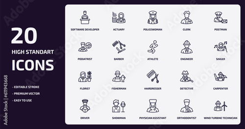 professions outline icons set. professions thin line icons pack such as software developer, clerk, barber, florist, showman, physician assistant, orthodontist, wind turbine technician vector.
