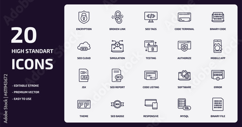 programming outline icons set. programming thin line icons pack such as encryption, code terminal, simulation, jsx, seo badge, responsive, mysql, binary file vector.