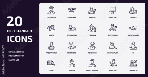 professions outline icons set. professions thin line icons pack such as taxi driver, director, accountant, programmer, builder, office worker, musician, graphic de vector.