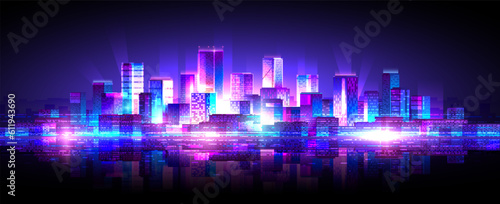 Colorful neon metropolis landscape. Horizontal widescreen illustration of night city.