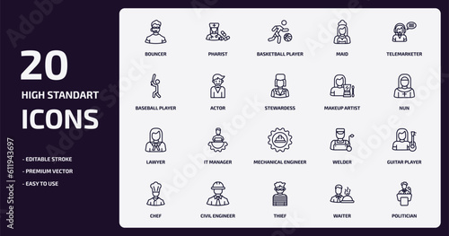 professions outline icons set. professions thin line icons pack such as bouncer, maid, actor, lawyer, civil engineer, thief, waiter, politician vector.