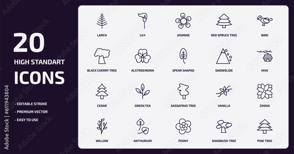 nature outline icons set. nature thin line icons pack such as larch, red spruce tree, alstroemeria, cedar, anthurium, peony, shadbush tree, pine tree vector. nature outline icons set. nature thin line icons pack such as larch, red spruce tree, alstroemeria, cedar, anthurium, peony, shadbush tree, pine tree vector.