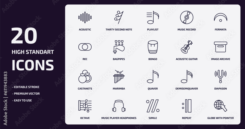 music and media outline icons set. music and media thin line icons pack such as acoustic, music record, bagpipes, castanets, player headphones, simile, repeat, globe with pointer vector. music and media outline icons set. music and media thin line icons pack such as acoustic, music record, bagpipes, castanets, player headphones, simile, repeat, globe with pointer vector.