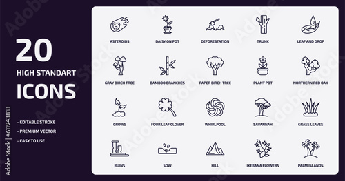 nature outline icons set. nature thin line icons pack such as asteroids, trunk, bamboo branches, grows, sow, hill, ikebana flowers, palm islands vector.