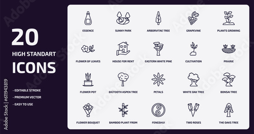 nature outline icons set. nature thin line icons pack such as essence, grapevine, house for rent, flower pot, bamboo plant from japan, fengshui, two roses, the oaks tree vector.