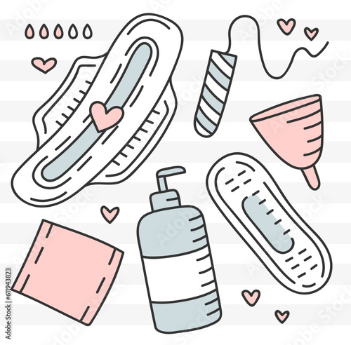Vector colorful set of doodle illustrations of intimate hygiene products for women.