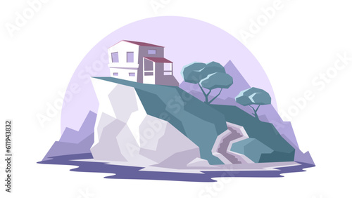 Alone farmhouse stands on a Mediterranean cliff. Isolated natural emblem in a minimalism flat style.