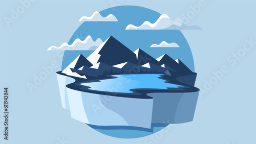 Isolated natural landscape emblem in minimalism flat style. High mountains and lake on island.