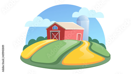American summer ranch horizontal illustration. Red barn and silo isolated on white background