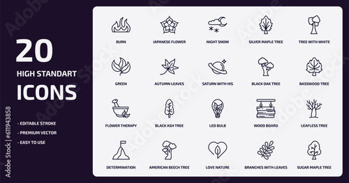 nature outline icons set. nature thin line icons pack such as burn, silver maple tree, autumn leaves, flower therapy, american beech tree, love nature, branches with leaves, sugar maple tree vector.
