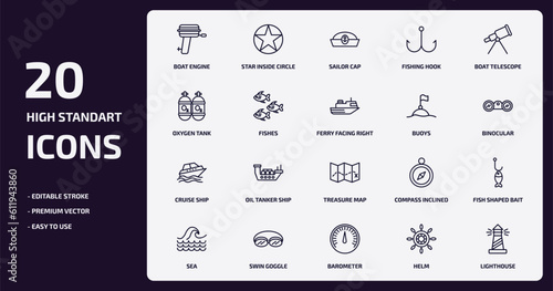 nautical outline icons set. nautical thin line icons pack such as boat engine, fishing hook, fishes, cruise ship, swin goggle, barometer, helm, lighthouse vector.