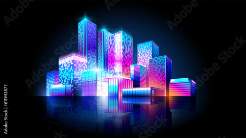 Night isometric city isolated on dark background.