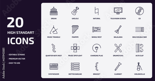music outline icons set. music thin line icons pack such as organ, television screen off, panpipe, quarter note rest, dotted barline, bracket, clarinet, violoncello vector.