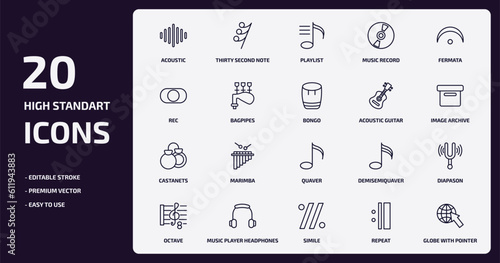music and media outline icons set. music and media thin line icons pack such as acoustic, music record, bagpipes, castanets, player headphones, simile, repeat, globe with pointer vector.