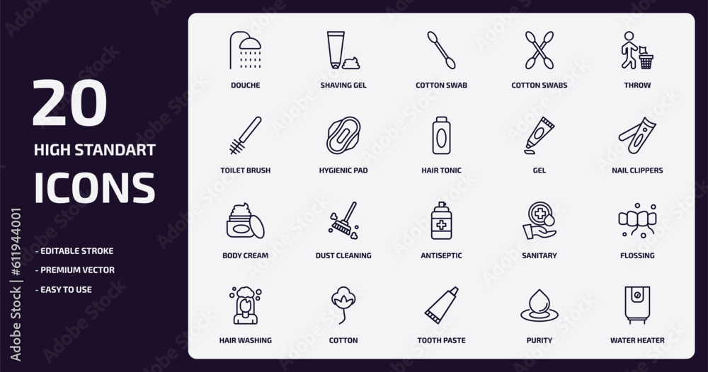 hygiene outline icons set. hygiene thin line icons pack such as douche, cotton swabs, hygienic pad, body cream, cotton, tooth paste, purity, water heater vector. - obrazy, fototapety, plakaty 