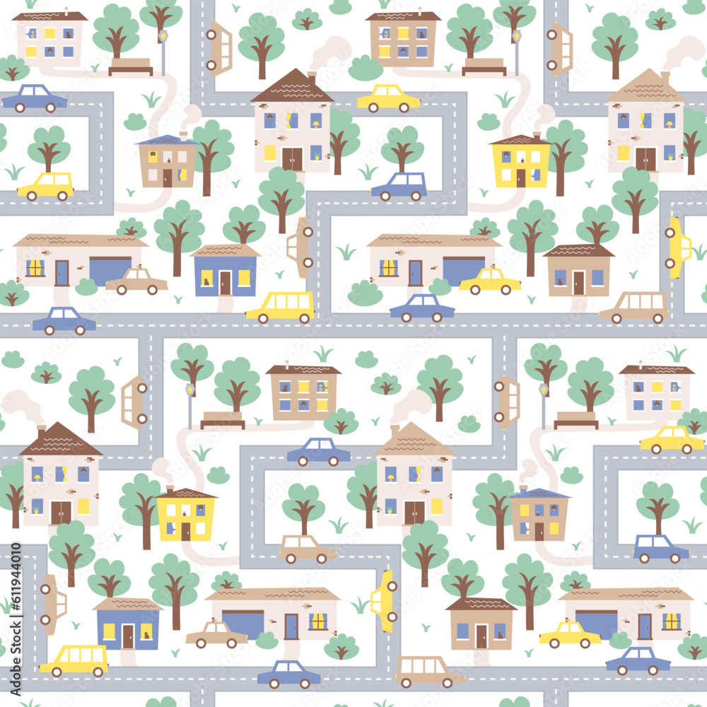 Large cartoon simple map of city and the streets along which cars drive. Cartographic scandinavian seamless pattern on white background.