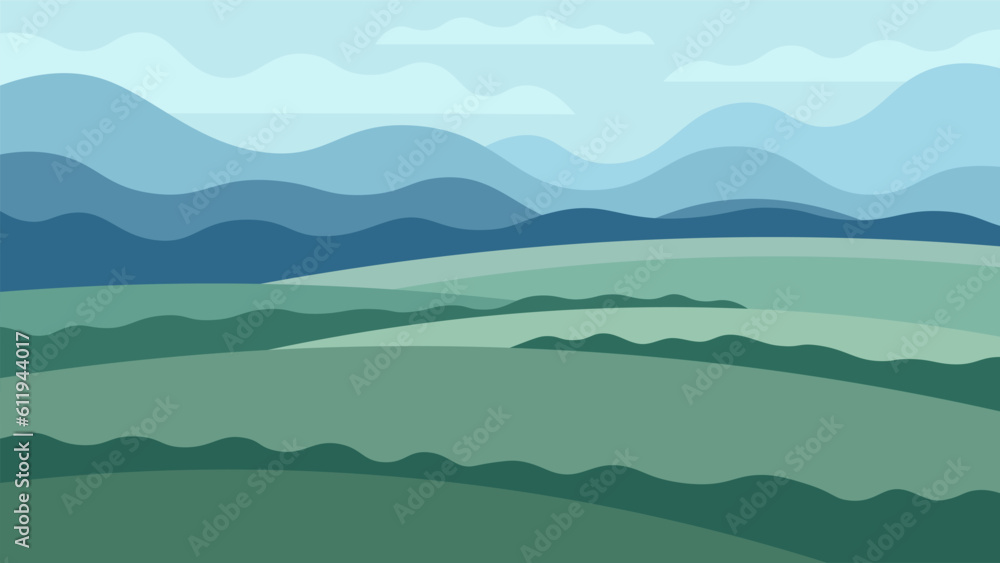 Wide green summer fields on abstract mountains background. Rural agricultural horizontal illustration. - obrazy, fototapety, plakaty 
