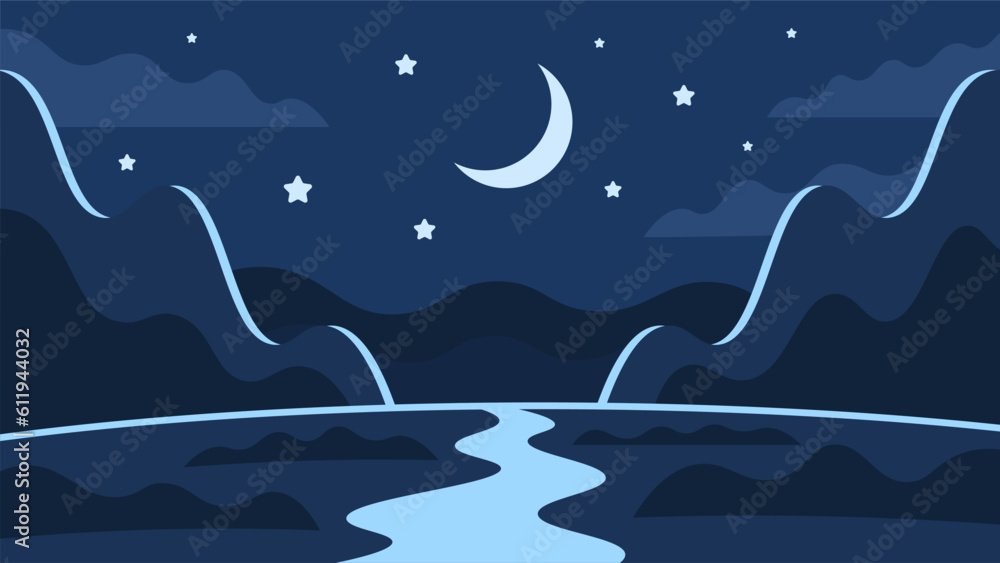 Obraz premium Beautiful night illustration of place between high mountains on shining moon background. Mysterious horizontal dark landscape.