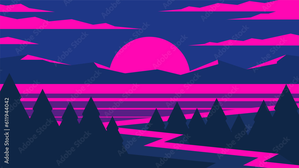 Bright pink sun over dark mountains and forest. Dark evening sunset horizontal illustration.