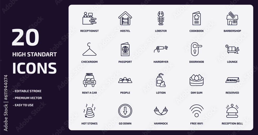 hotel and restaurant outline icons set. hotel and restaurant thin line icons pack such as receptionist, cookbook, passport, rent a car, go down, hammock, free wifi, reception bell vector. hotel and restaurant outline icons set. hotel and restaurant thin line icons pack such as receptionist, cookbook, passport, rent a car, go down, hammock, free wifi, reception bell vector.