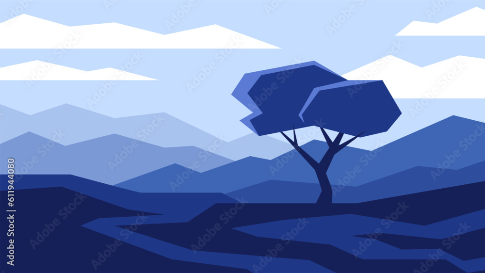 Blue landscape lonely tree stands on the field on mountains background. Dark nighttime minimalistic illustration.