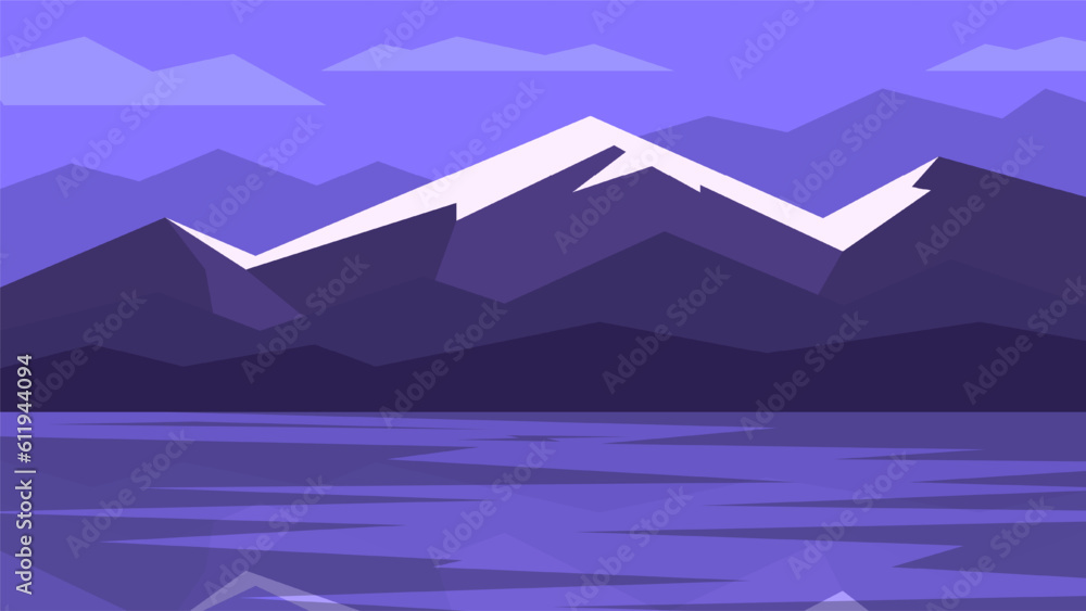 High mountain on the bank of a large body of water. Blue gloomy nighttime horizontal illustration of nature. High mountain on the bank of a large body of water. Blue gloomy nighttime horizontal illustration of nature.