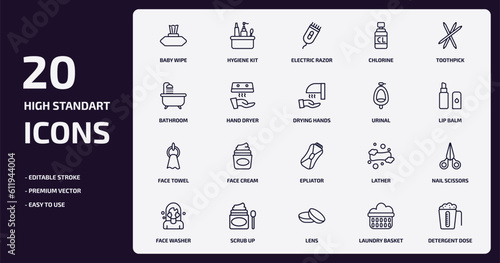hygiene outline icons set. hygiene thin line icons pack such as baby wipe, chlorine, hand dryer, face towel, scrub up, lens, laundry basket, detergent dose vector.