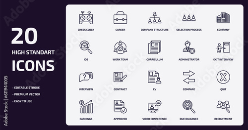 human resources outline icons set. human resources thin line icons pack such as chess clock, selection process, work team, interview, approved, video conference, due diligence, recruitment vector.
