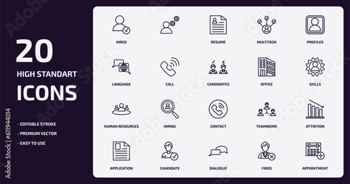 human resources outline icons set. human resources thin line icons pack such as hired, multitask, call, human resources, candidate, dialogue, fired, appointment vector.
