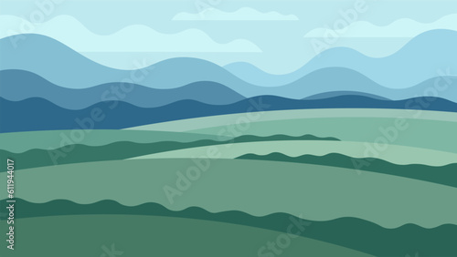 Wide green summer fields on abstract mountains background. Rural agricultural horizontal illustration. photo