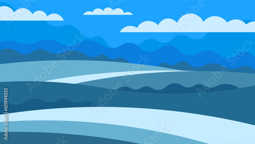 Blue flat rural meadows on sky and clouds background. Horizontal illustration of agriculture in simple style.