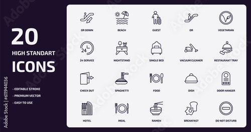 hotel and restaurant outline icons set. hotel and restaurant thin line icons pack such as or down, or, nightstand, check out, meal, ramen, breakfast, do not disturb vector.
