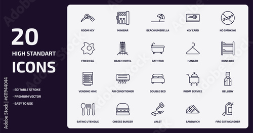 hotel and restaurant outline icons set. hotel and restaurant thin line icons pack such as room key, key card, beach hotel, vending hine, cheese burger, valet, sandwich, fire extinguisher vector.