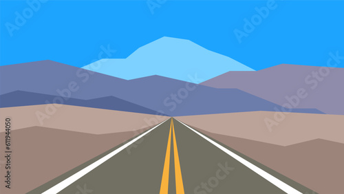 Minimalistic straight road through the desert nature. Arid sand landscape on mountains background.