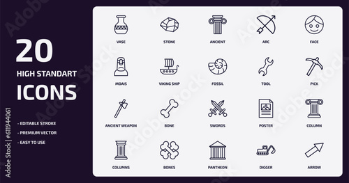 history outline icons set. history thin line icons pack such as vase, arc, viking ship, ancient weapon, bones, pantheon, digger, arrow vector.