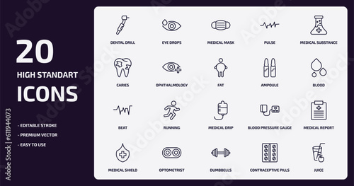 health and medical outline icons set. health and medical thin line icons pack such as dental drill, pulse, ophthalmology, beat, optometrist, dumbbells, contraceptive pills, juice vector.