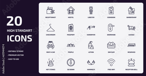 hotel and restaurant outline icons set. hotel and restaurant thin line icons pack such as receptionist, cookbook, passport, rent a car, go down, hammock, free wifi, reception bell vector.