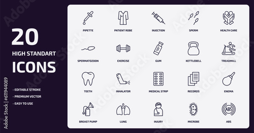 health and medical outline icons set. health and medical thin line icons pack such as pipette, sperm, exercise, teeth, lung, injury, microbe, abs vector.