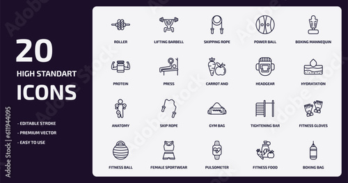 gym and fitness outline icons set. gym and fitness thin line icons pack such as roller, power ball, press, anatomy, female sportwear, pulsometer, fitness food, boxing bag vector.