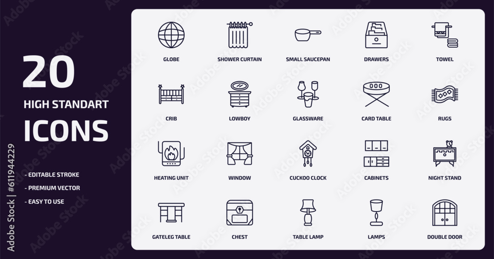 furniture & household outline icons set. furniture & household thin line icons pack such as globe, drawers, lowboy, heating unit, chest, table lamp, lamps, double door vector.