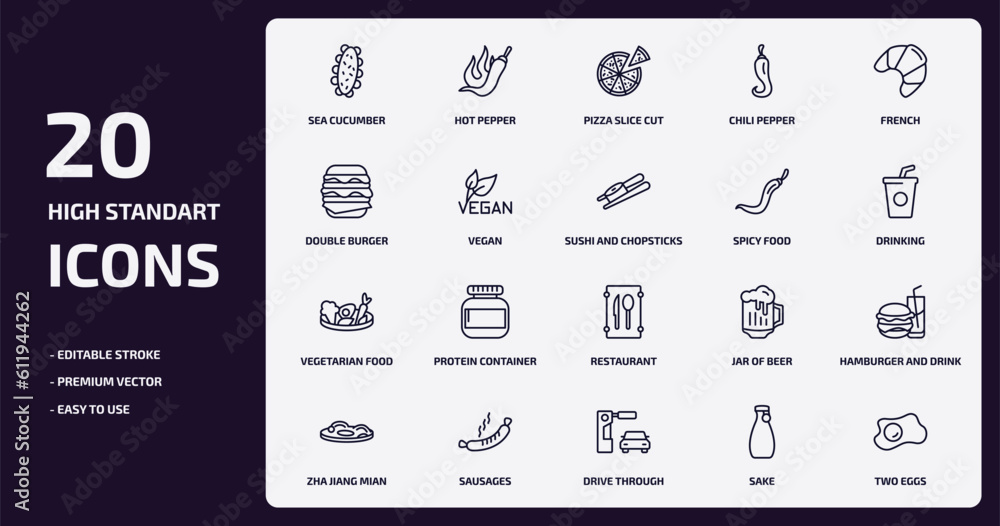 food outline icons set. food thin line icons pack such as sea cucumber, chili pepper, vegan, vegetarian food, sausages, drive through, sake, two eggs vector. food outline icons set. food thin line icons pack such as sea cucumber, chili pepper, vegan, vegetarian food, sausages, drive through, sake, two eggs vector.
