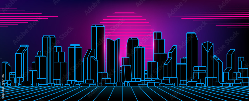 Night city outline landscape on sunset background. Illustration in retro wave, arcade game 80s style.