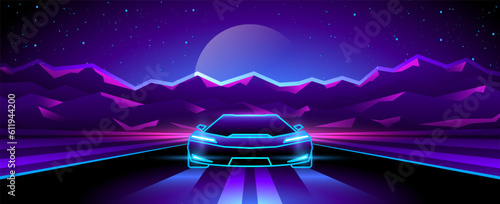 Futuristic neon car rides on night highway.