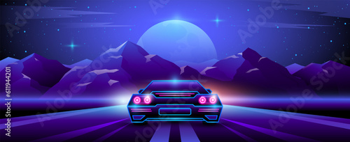 Futuristic neon supercar rides on a night mountain landscape background